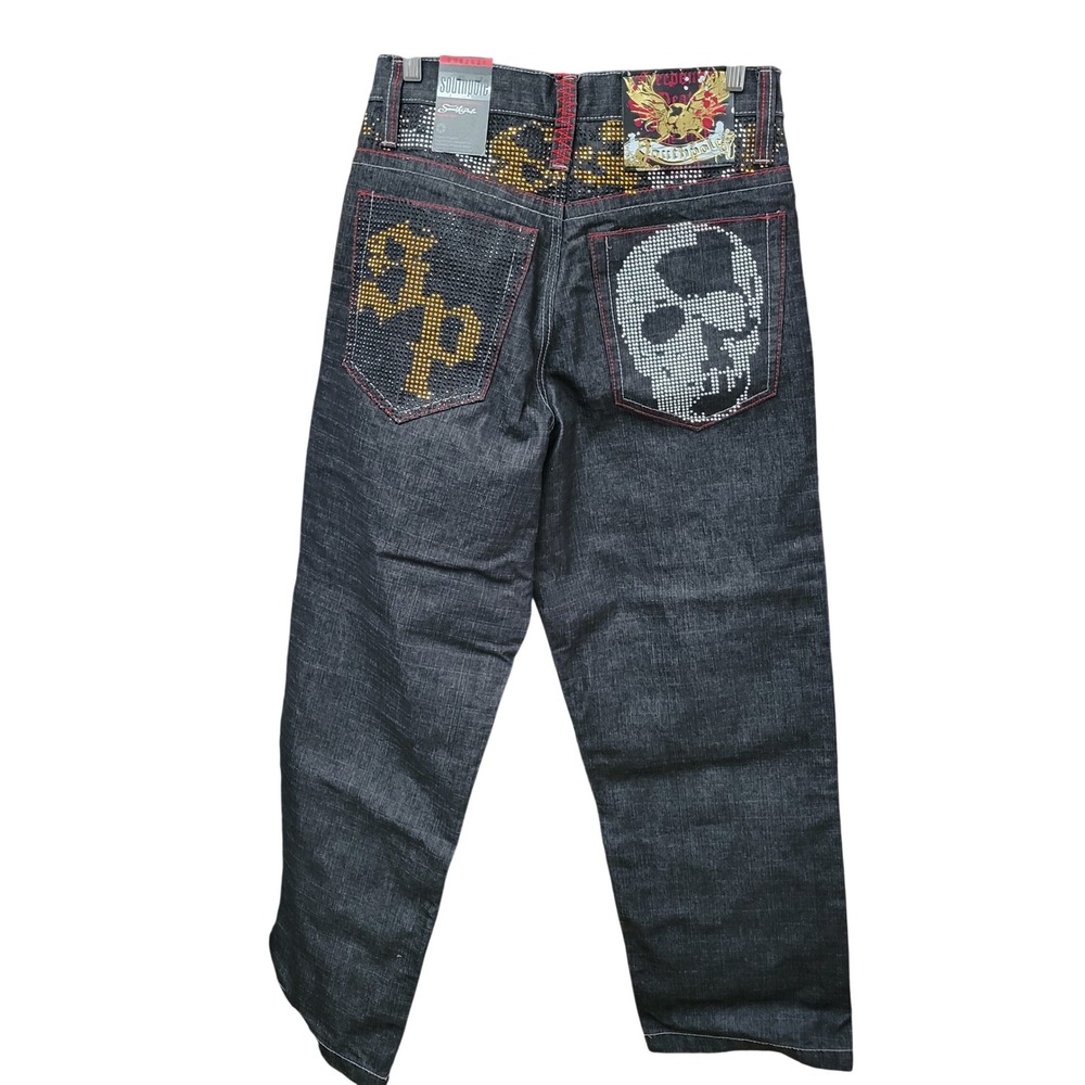 Vtg Southpole Mens Freedom Raw Black Rhinestone Skull Studded Baggy Jeans 30x32 - Picture 4 of 12